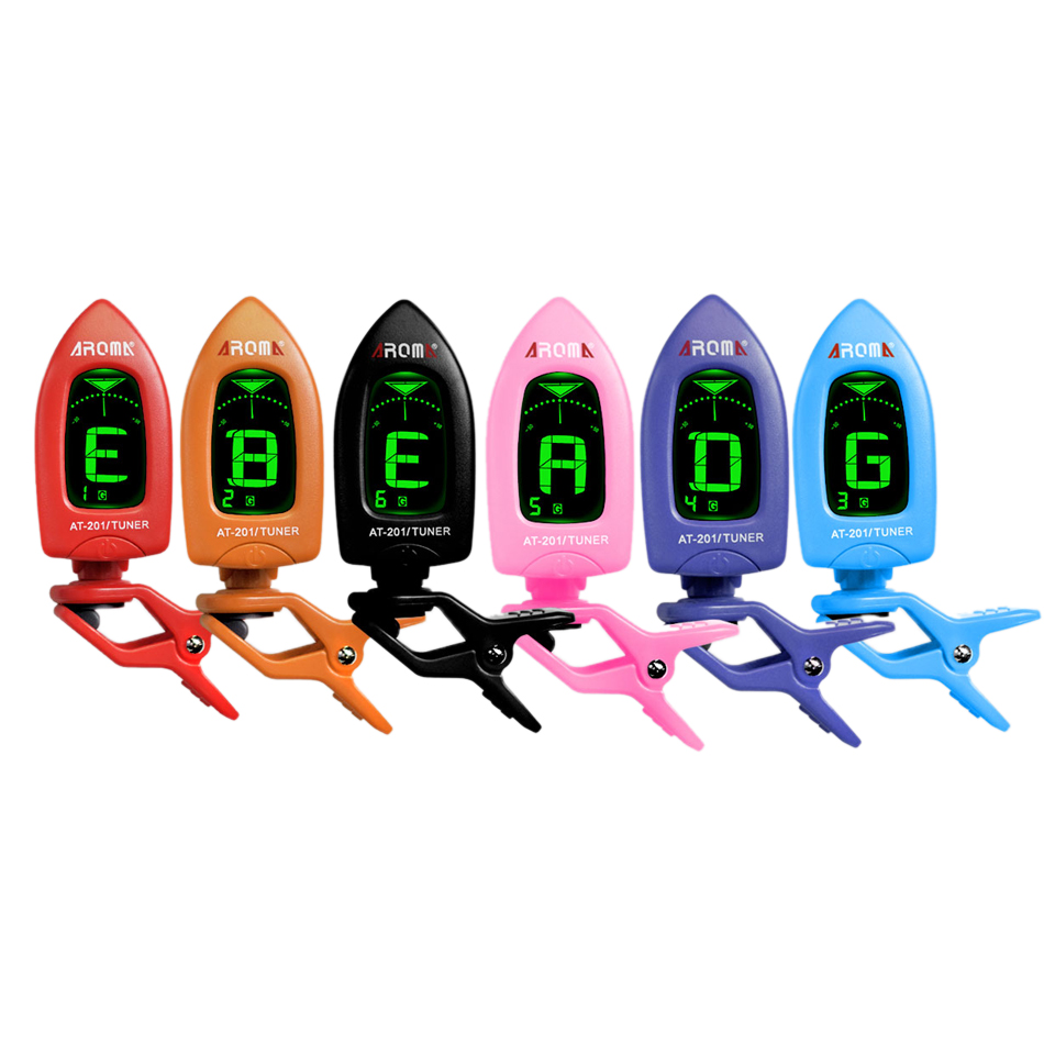 Guitar Tuner Clip - Aroma AT-201จูนเนอร์กีต้าร์ดิจิตอลหมุนได้360องศาสำหรับกีตาร์เบสไวโอลินโครเมี่ยมไวโอลิน Ukulele 6สีรูปร่างพิเศษ